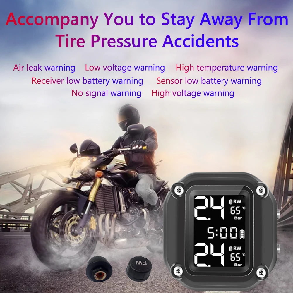 

Display Tyre Pressure Alarm w/ Time Monitoring System Outdoor Personal Car Solar LCD Motorcycle TPMS Parts Decoration