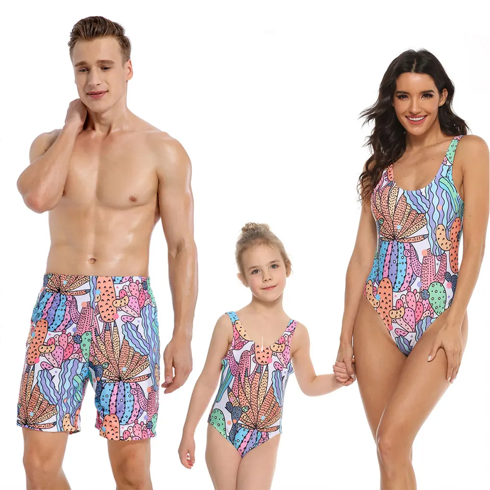 

Mother Daughter Father Son Cartoon Cactus Print Swimwear Family Look Bathing Women Girl Bikini Men Boy Shorts Matching Swimsuits