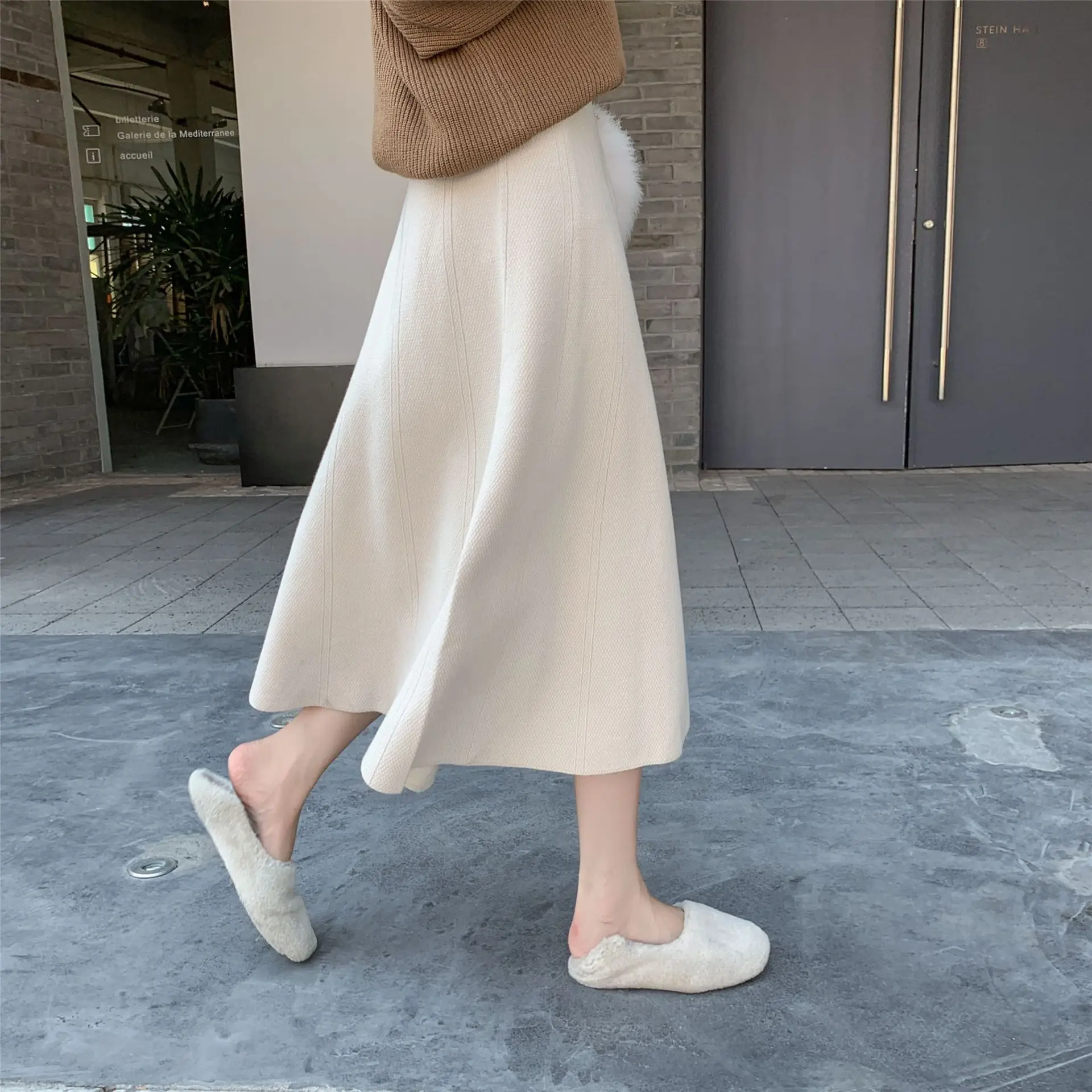 

2020 New Autumn Winter Women Sweater Skirt Fashion High Waist Soild Color Mid-length Elegant Female Casual A-line Loose Kintted