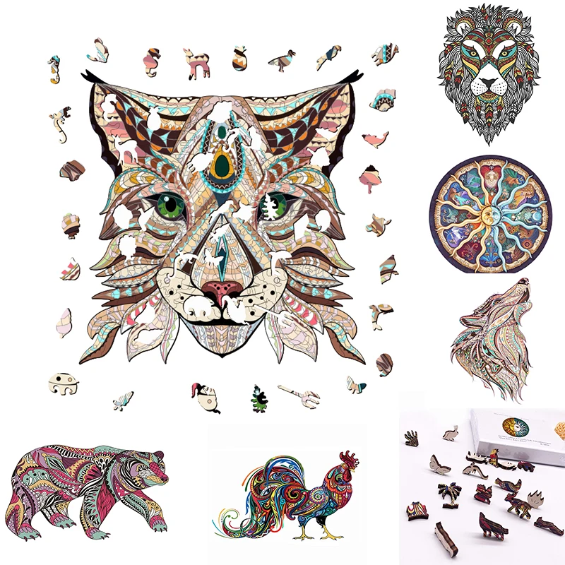 

2021 Wooden Animal Jigsaw Puzzles 3D Wolf Fox Puzzle Wood DIY Crafts Gift for Adults Kids Educational Toy for Kids