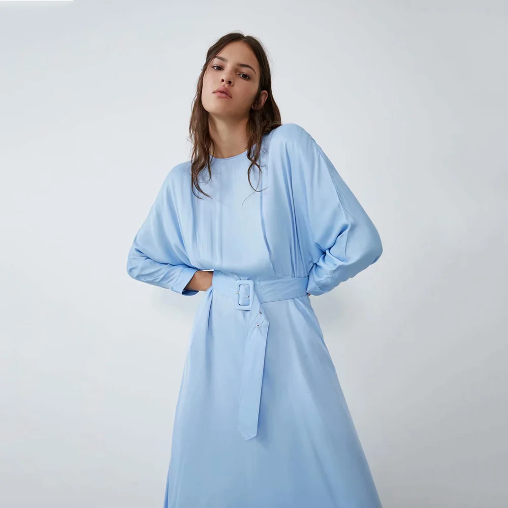 ZA 2019 осень зима новое платье с синим поясом модное повседневное свободное