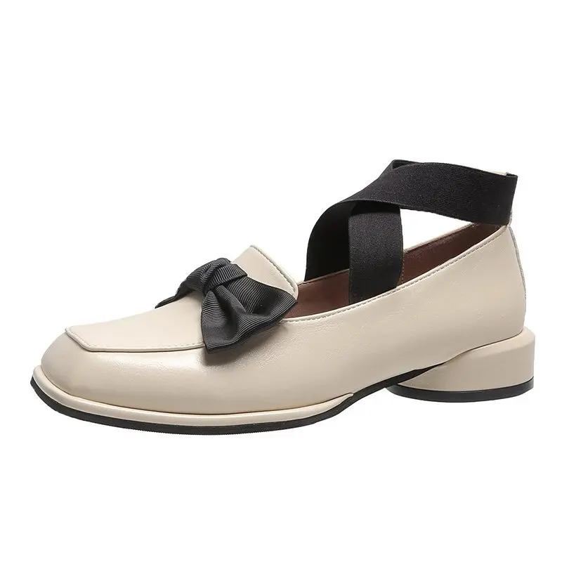 

Shoes Woman Mary Janes 2021 Spring/autumn Cross-tied Square Toe Solid Sweet Butterfly-knot Single Shoes Women's Ballet Flats