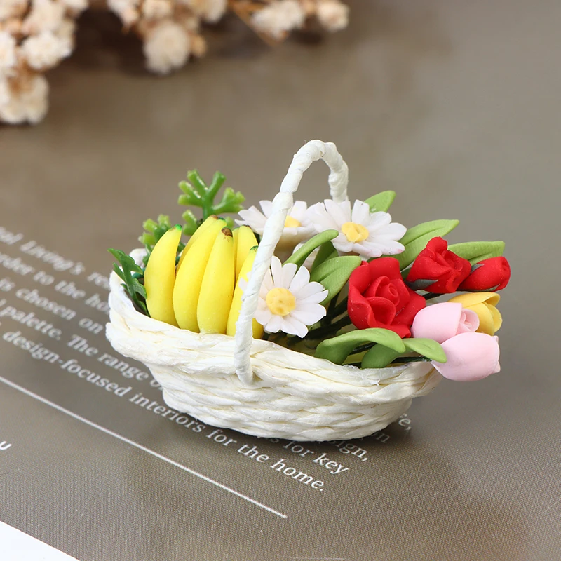 

1:12 DollHouse Miniature Flowers Basket Mini Fruit Basket Flowers Pot Decor Toy Hot