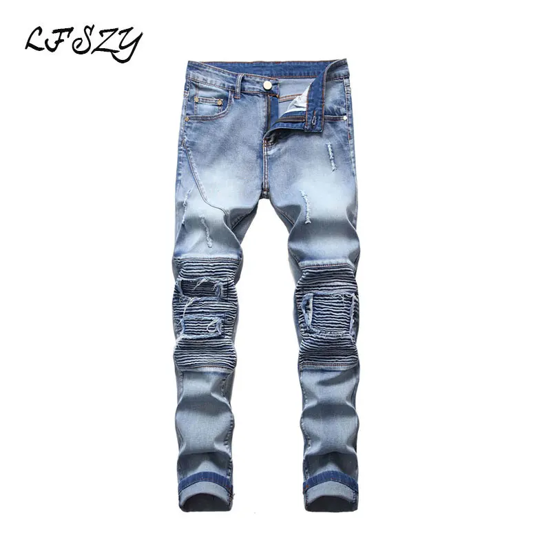 

Jeans Men 2019 New Men's High Street Shredded Motorcycle jeans Men's Stretch Light Slim jeans More Size 28-40 42