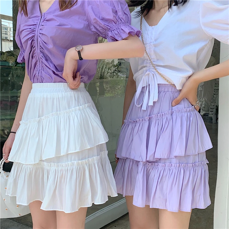 

summer woman harajuku high waist vintage y2k skirt purple black korean ruffles chiffon pleated cake mini skirts lady trendy 2020