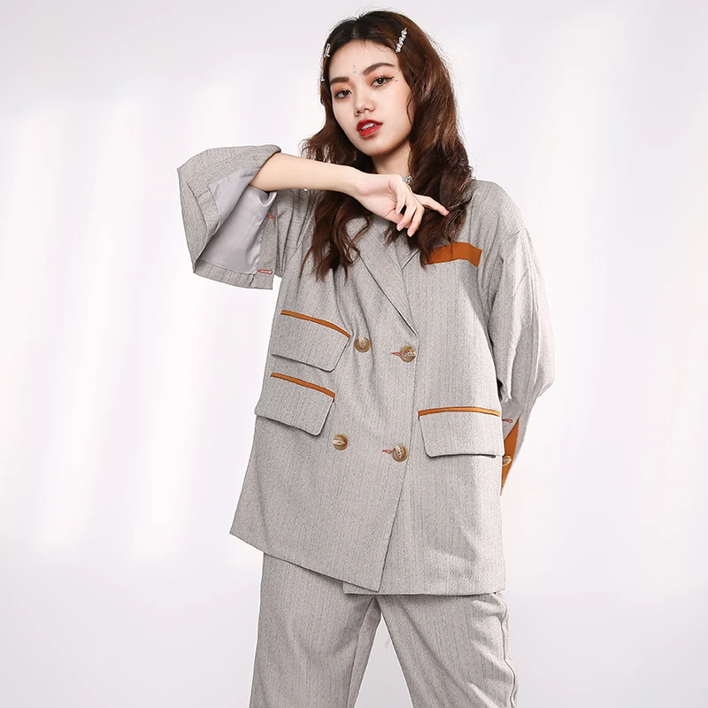 

Pants Wide Leg Silver Big Size Two Piece Suit New Lapel Long Sleeve Loose Fit Women Fashion Spring Autumn 2021 1DB94610