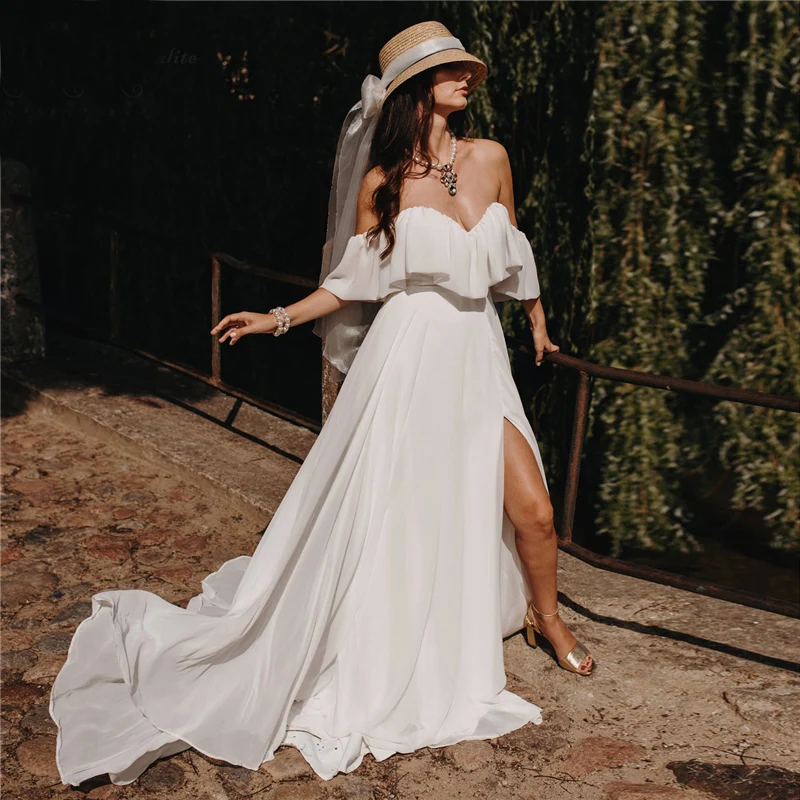 

Latest Arrival Boho Chiffon Bridal Wedding Dresses Off Shoulder Sleeves Ivory Wedding Gowns for Bride Side Slit Sweetheart 2021