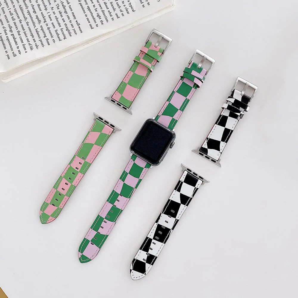 

Модный браслет для Apple Watch, кожаный ремешок в шахматную клетку для iWatch 1 2 3 4 5 6 7 SE, 38 мм 40 мм 42 мм 44 мм