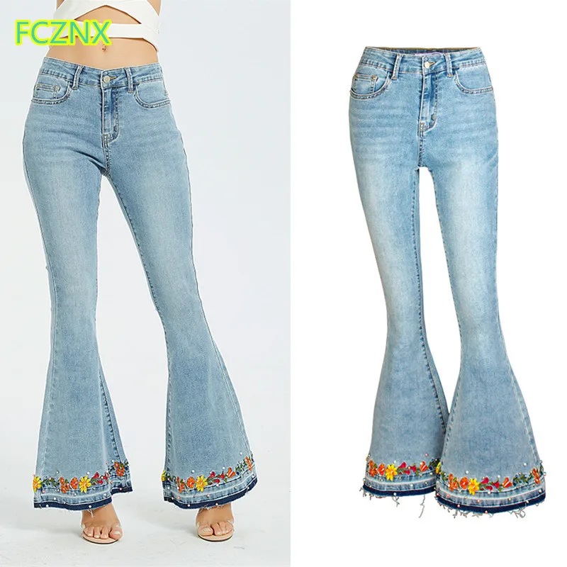 2019 женская одежда больших размеров средняя талия Цветочная вышивка длинные