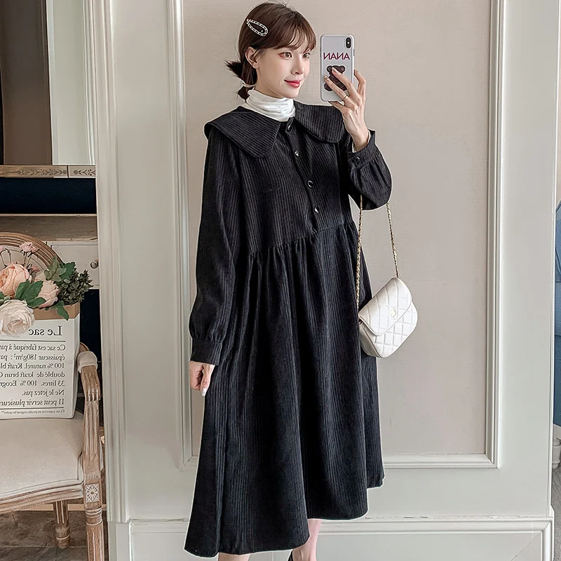 

Maternity corduroy dress spring and autumn long sleeve doll dress black peter pan collar high waist pregnant woman formal dress