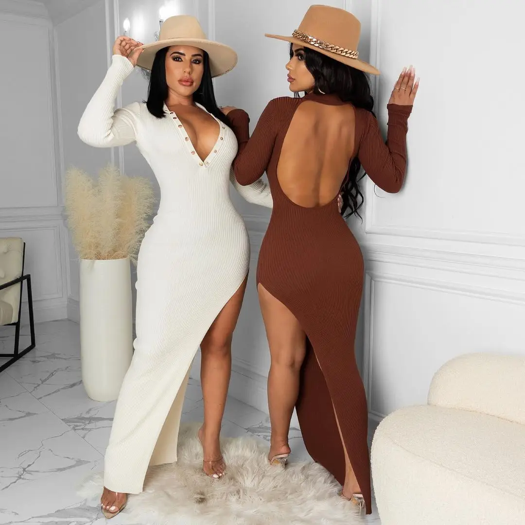 

women new long sleeve v-neck dress, women's fashion, solid color, back slit, open fork, irregular, sexy, nightclub, 2022