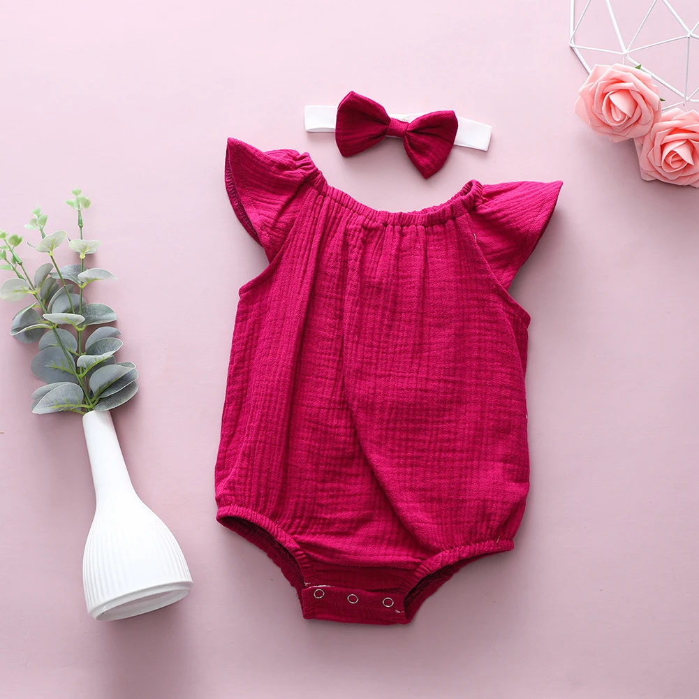 

Summer Newborn Girls Rompers Set Flare Sleeve Solid Print Romper Jumpsuit With Headband One-Pieces