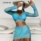 Однотонный комплект из 4 предметов GNIM Tie-Dye, женский купальник, бикини Mujer 2022, летняя шифоновая накидка с длинным рукавом, пляжная одежда, купальник для женщин