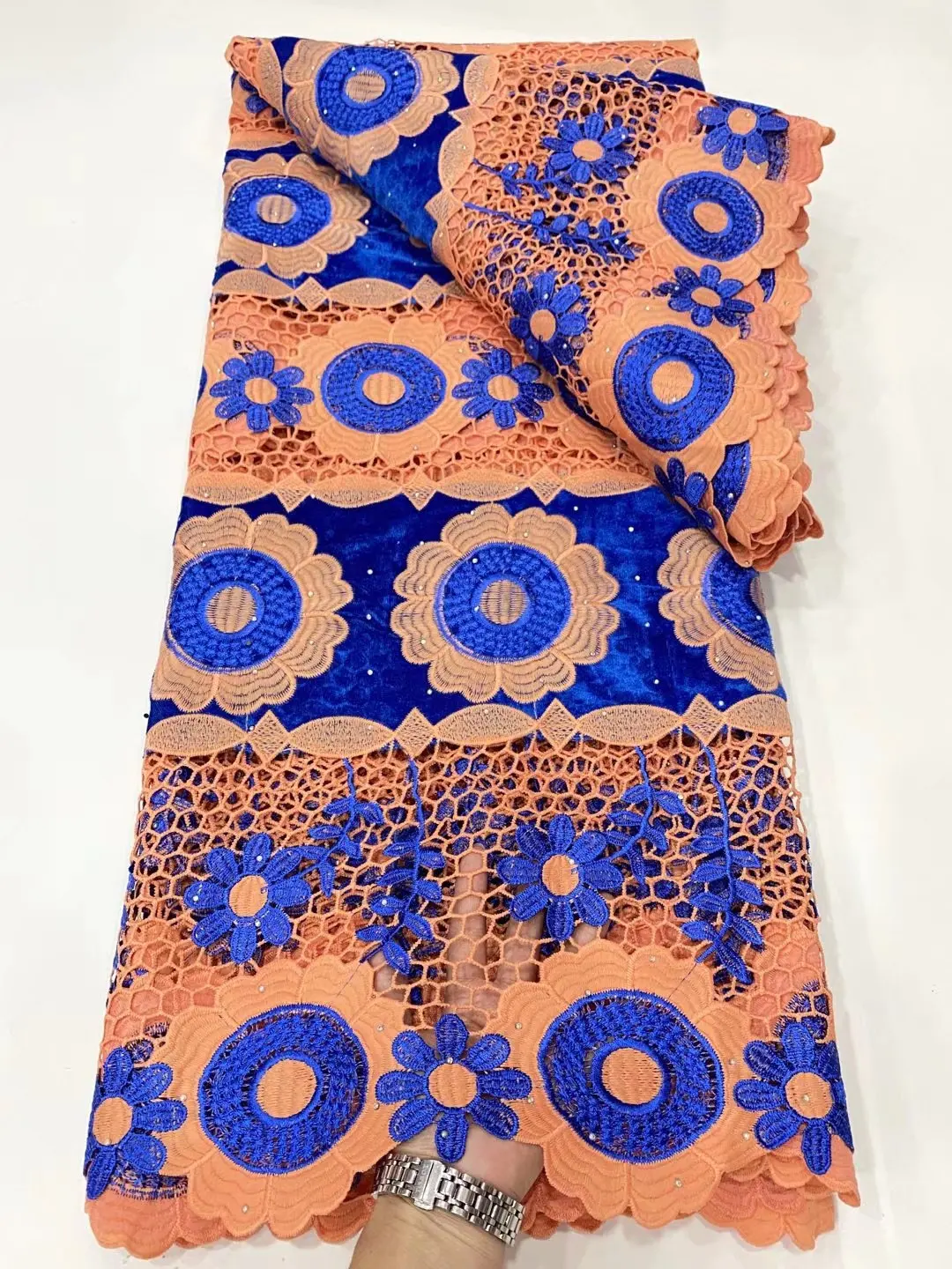 

High Quality Peach and Royal Blue Cord Gipure Heavy Lace With Velvet Material for AsoEbi African Lady Dress Water Soluble C073