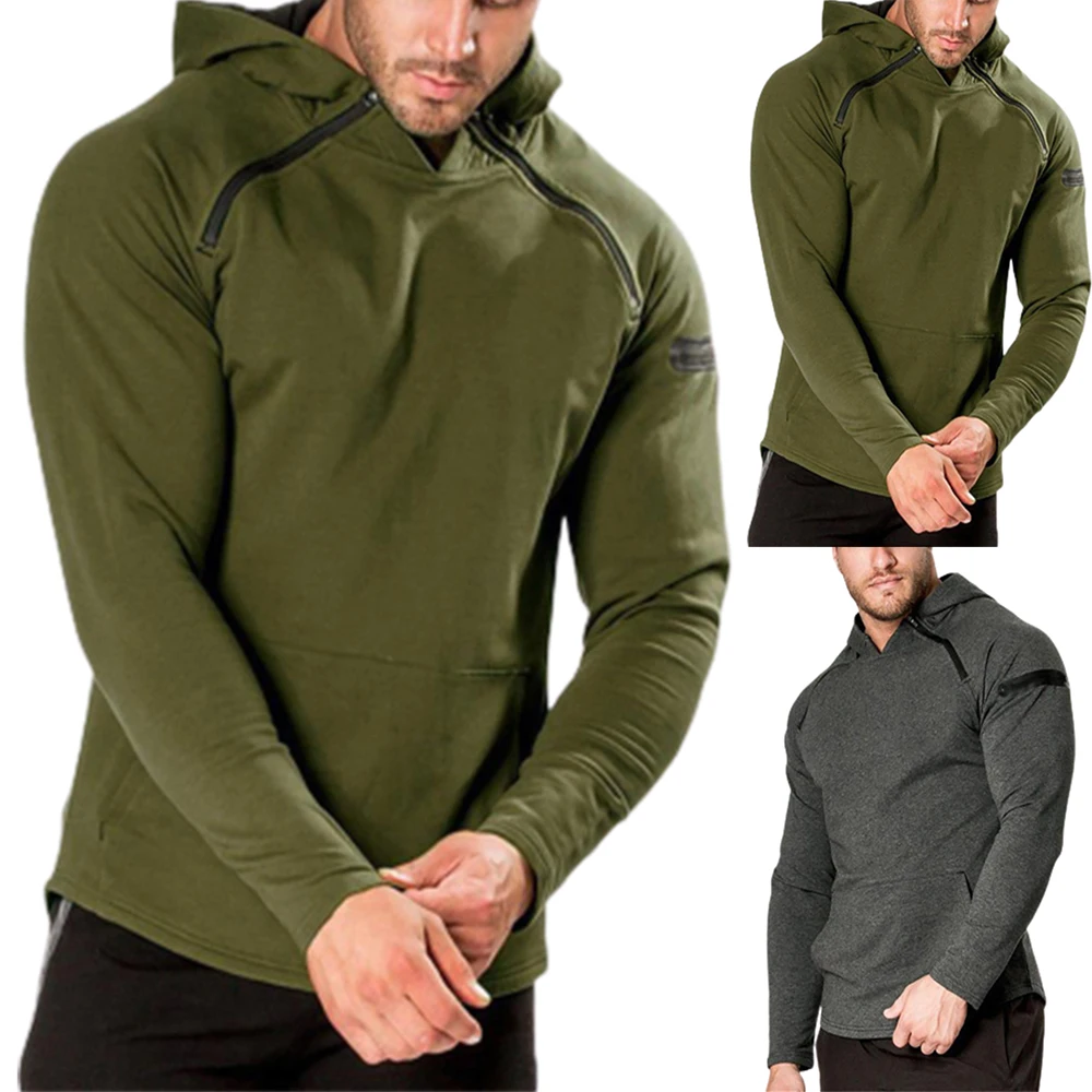 

Autumn Winter Solid Hoodie Sweatshirt Mens Long Sleeve Hooded Big Pockets Sports Fitness Hoodies Plain Tops