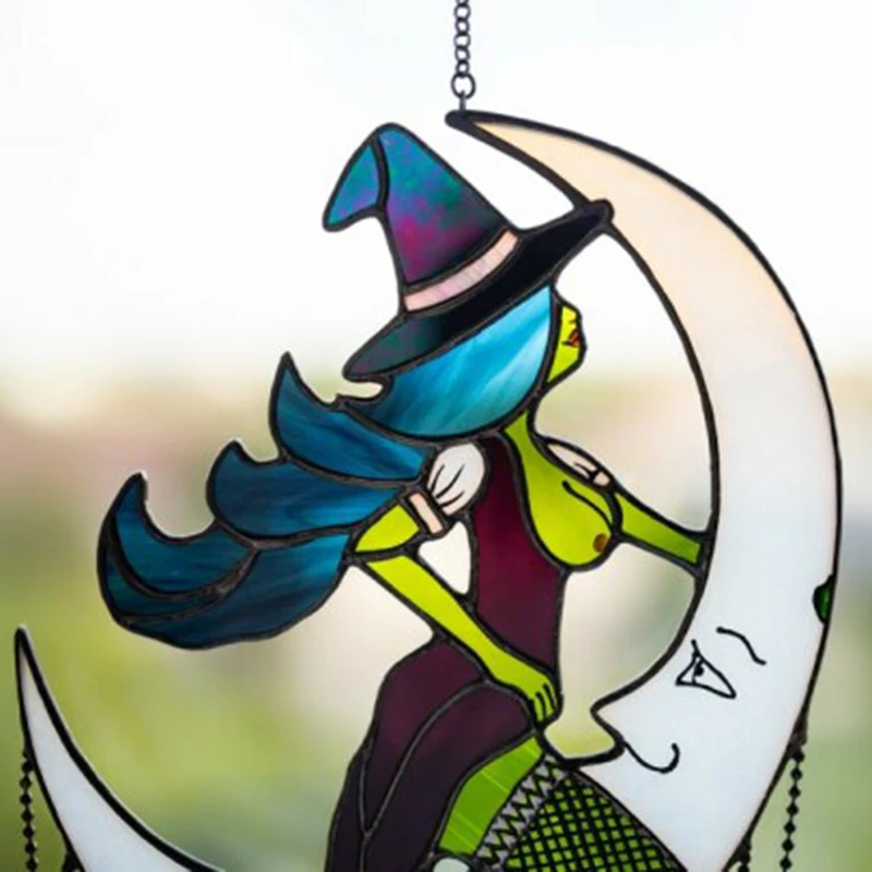 

Newly Halloween Witch On Moon Decor Stained Suncatcher Window Hangings Outdoor Wall Art Home Decoration MK