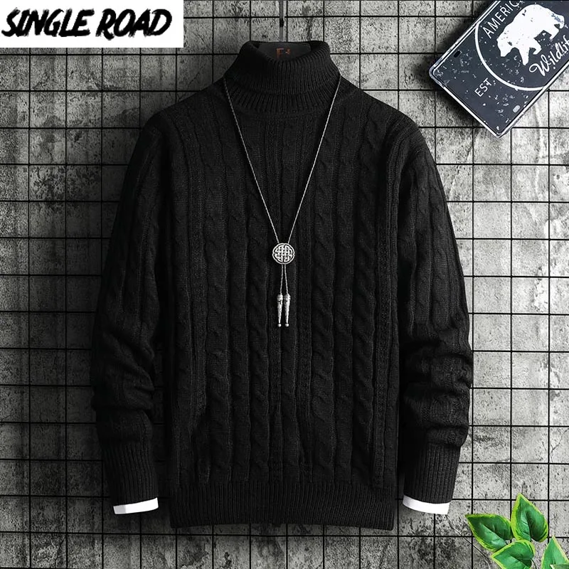 

Мужской однодорожный свитер с высоким воротником 2021, зимний однотонный джемпер с высоким воротом, свитера в стиле Харадзюку, корейский черн...