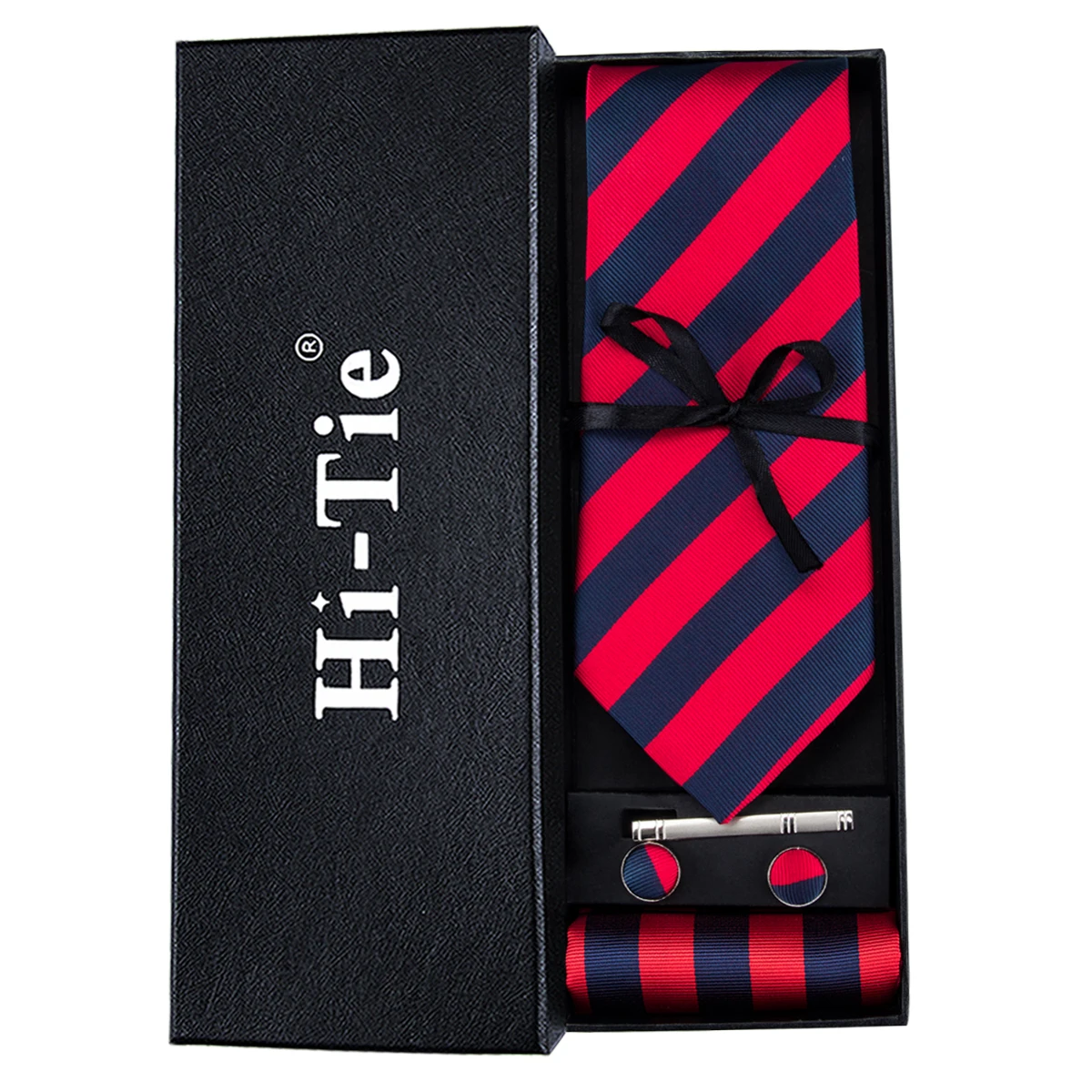 

Галстуки в полоску для мужчин, шелковый красный и черный галстук, модный набор галстуков, запонки для рукоделия, Свадебный галстук для костю...