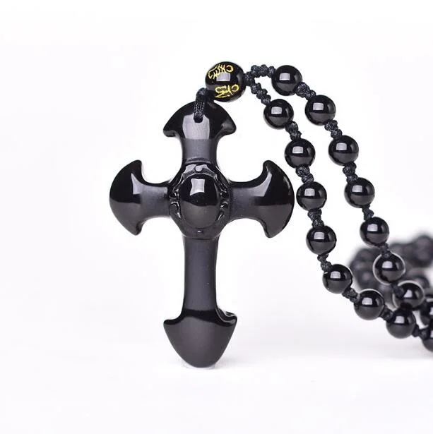 Прямая поставка натуральный черный обсидиан резной крест счастливый кулон