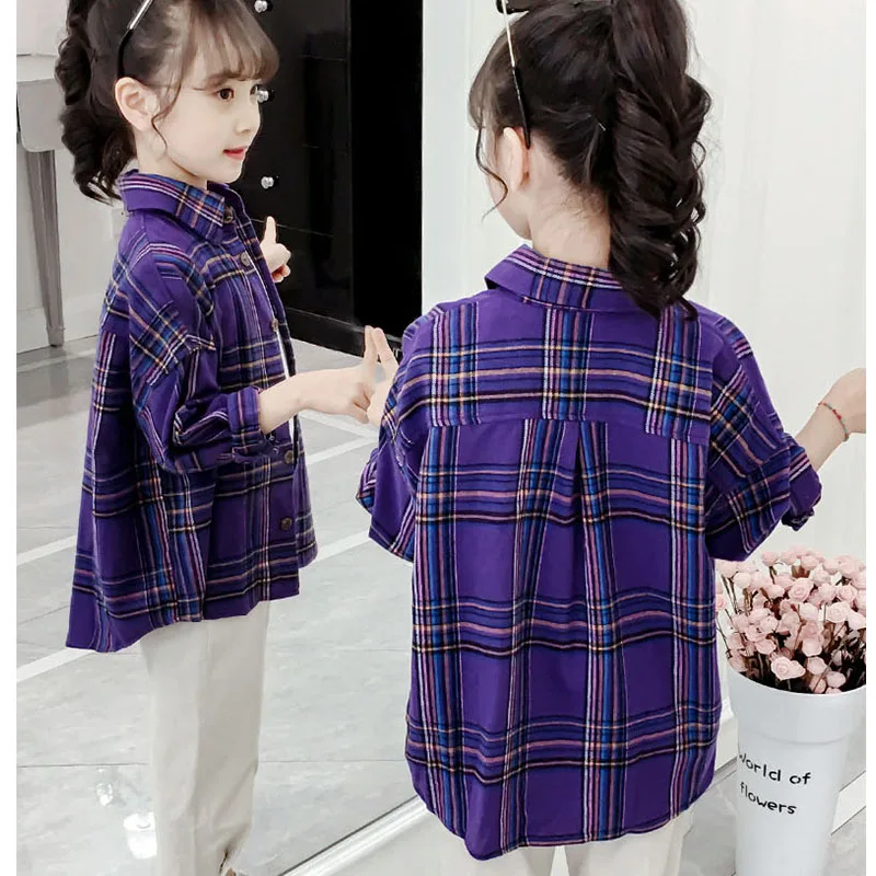 Детские рубашки в клетку желтого и фиолетового цвета Топы для маленьких девочек