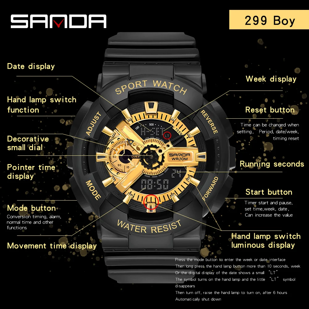 Мужские спортивные часы SANDA в стиле G светодиодные цифровые модные для пары