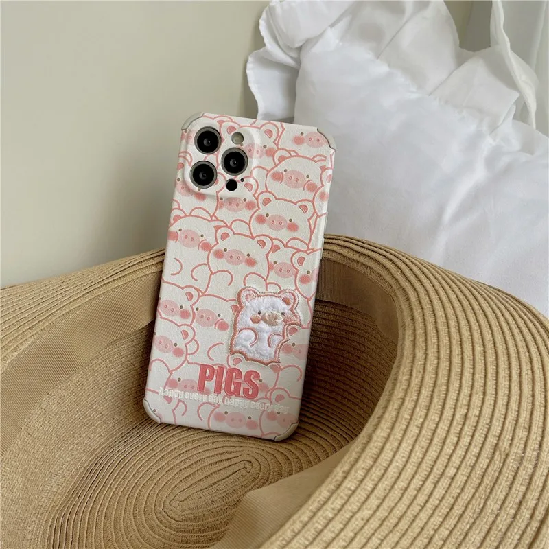 

Cute Embroidery Cartoon Bear Pig Duck Soft Case For Iphone 11 12 Pro Max 7 8 Plus Xr X Xs Se 2020 Leather Phone Cover Fundas