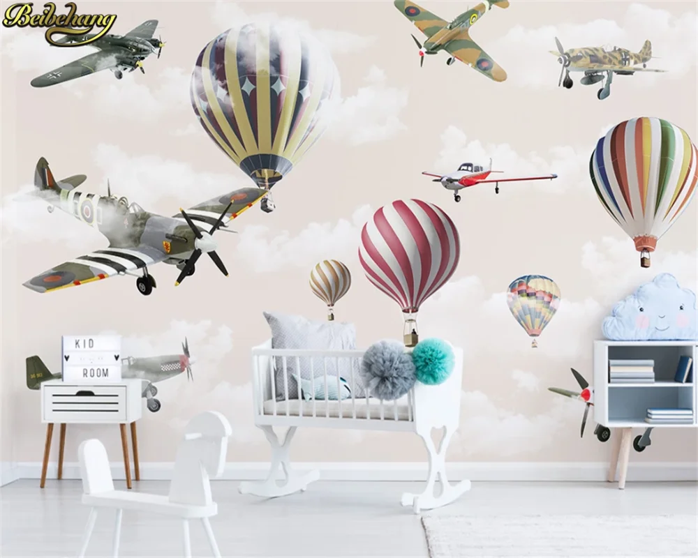 

beibehang Custom wallpaper mural nordic minimalist hand drawn cartoon airplane balloon sky children room background wall paper