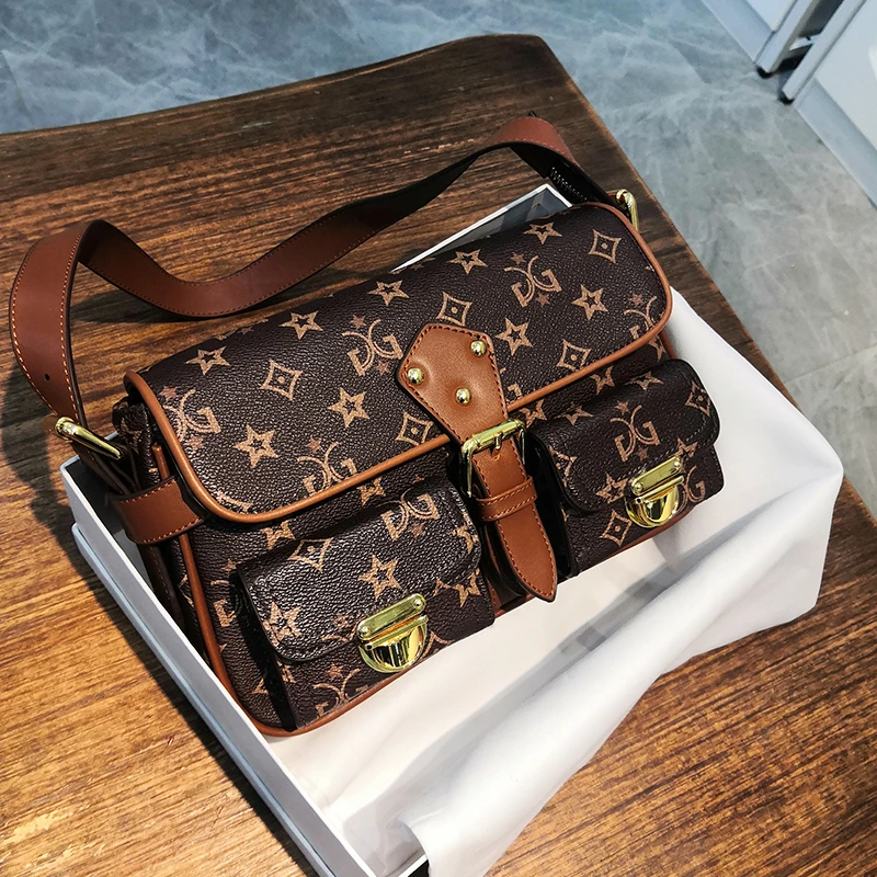 

Ladies Shoulder Bag Luxury Printed Retro LeatherHand Bag Brand Two Wide Strap Crossbody Messenger Bag Multi-Pocket Bag For Women