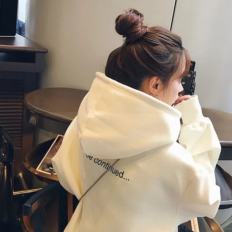 

ROPALIA Women Letter Printed Thick Sweatshirt Casual Loose Long Sleeve Hoodies Autumn Winter Warm Female Casual Hooded Pullovers