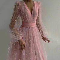 deep v neck women sequins mesh dress 2021 summer long puff sleeve pink zipper a line high waist party dress young girls clothes