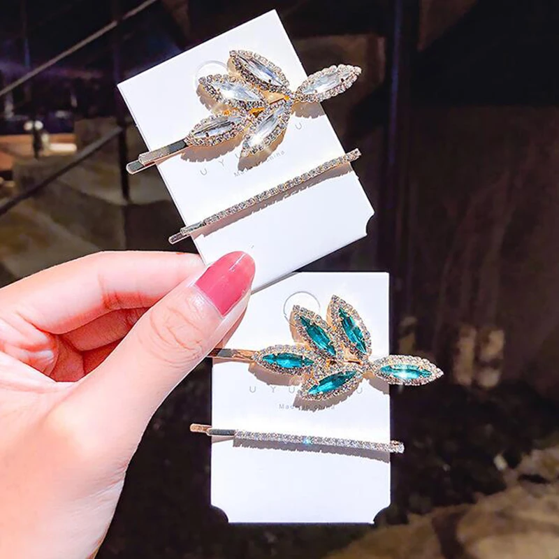 

New Fashion 2PCS/Set Flower Shining Hair Clip Women Korean Hairpin Geometric Crystal Hair Barrettes Girl Hair Accessories