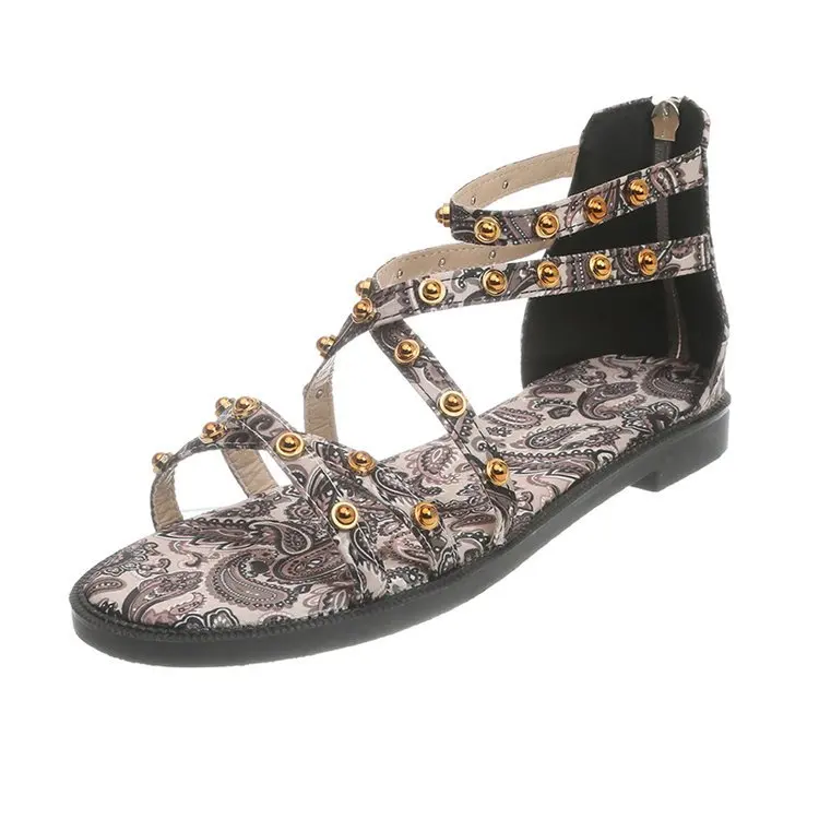 

Low Sandals Woman Leather Female Shoe Clear Heels Low-heeled Studded Flat Comfort Retro Fashion Closed Girls Beige 2021 Rome PU