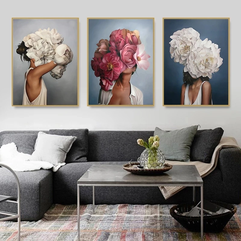 

Modern Woman Art Head Flower Canvas Painting Posters and Prints Wall Art for Living Room Home Decor