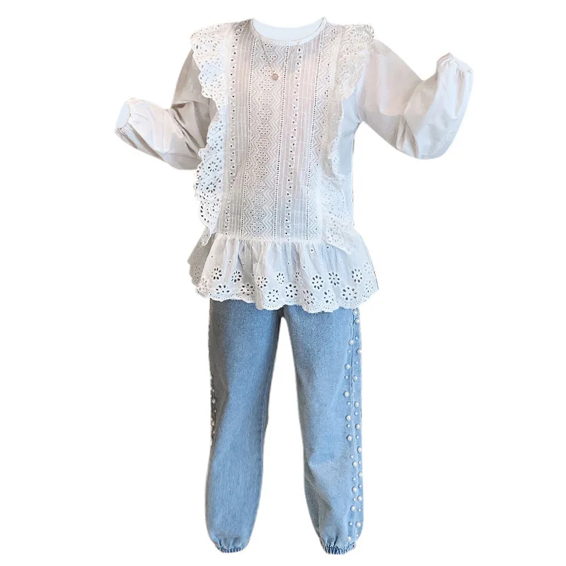 

Hollow Out Pearl Spring Autumn Baby Girls Suit Blouse + Jean 2pcs Kids Teenage Outwear Children Clothing High Quality