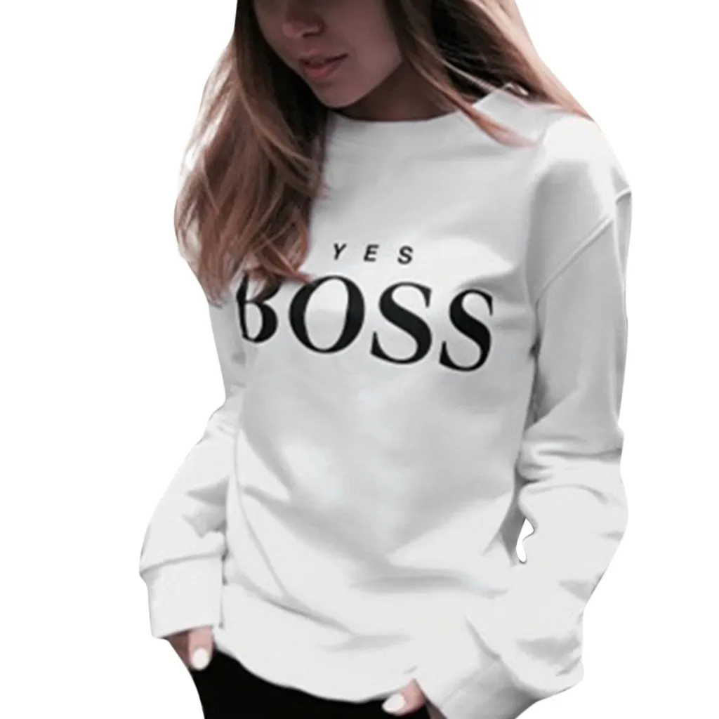 White 30# женские толстовки да босс с буквенным принтом с длинным рукавом О-образным вырезом Толстовка пуловер Топы Весна Осень Femme Толстовка#3s - Цвет: White