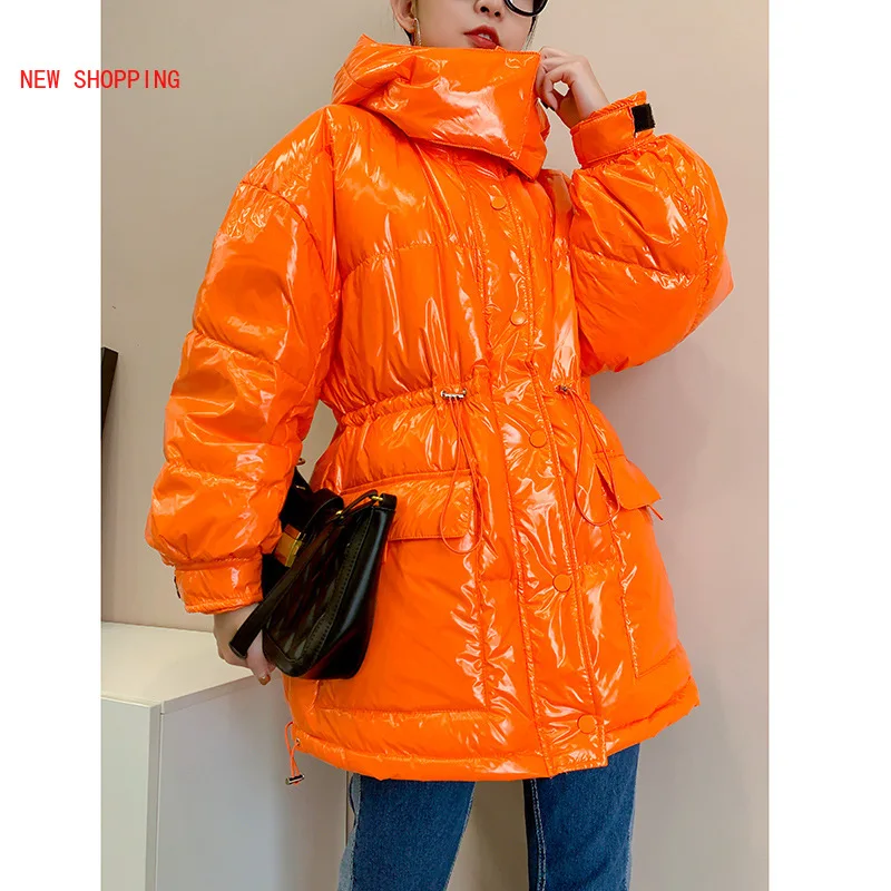 

90% White Duck Down Jacket Winter PU Bright Coat Women Snow Clothes 2020 Loose Medium Long Female Warm Down Parka Oversize New