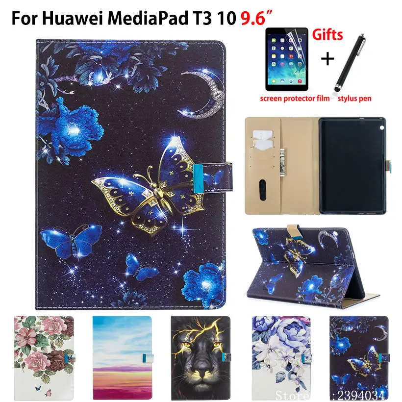 

Case For Huawei MediaPad T3 10 AGS-W09 AGS-L09 AGS-L03 9.6" Cover Funda Tablet Fashion butterfly Stand Skin Shell Capa +Gift