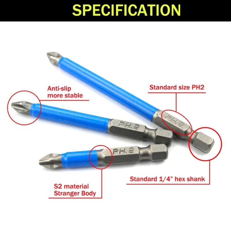 

6pcs Hex Magnetic Anti Slip Impact Screwdriver Bit Set PH2 Hex Shank Bits M17E