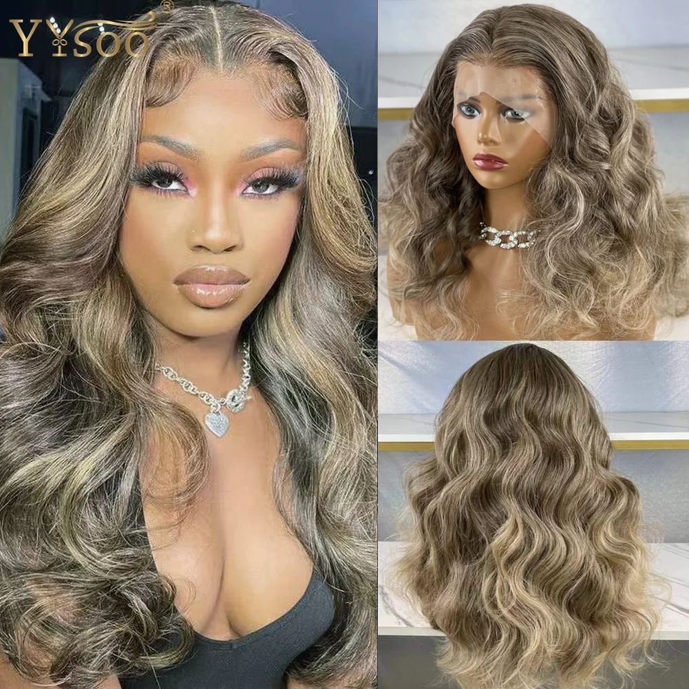 YYsoo Long M4/103 Mixed Color 13x4 Futura Synthetic Lace Front Wigs Body Wave Glueless Heat Resistant Fiber Hair Highlights Wigs