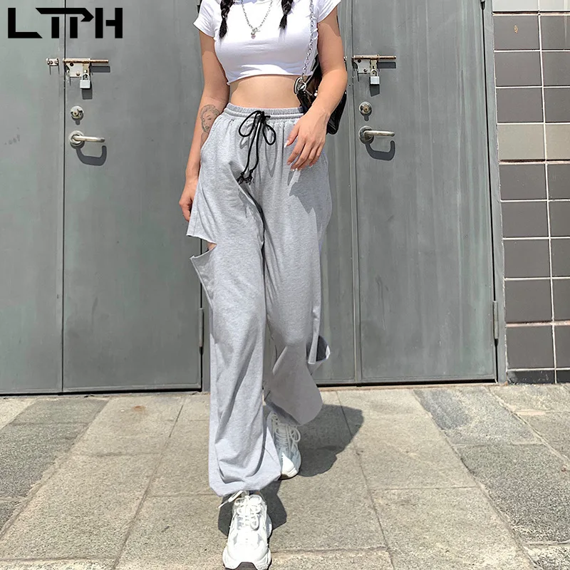 

LTPH 2020 Autumn new arrival ins Street vintage Casual High waist sweatpants Solid color wild simple Hole design trousers women