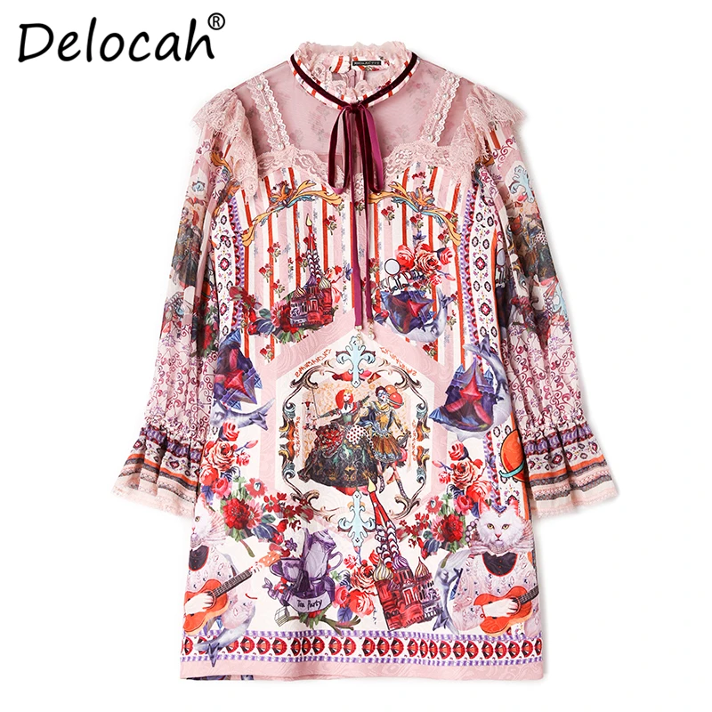Delocah, модное осеннее Мини Короткое платье для подиума, женское платье с расклешенными рукавами, с принтом персонажа, кружевное Сетчатое элегантное винтажное свободное платье