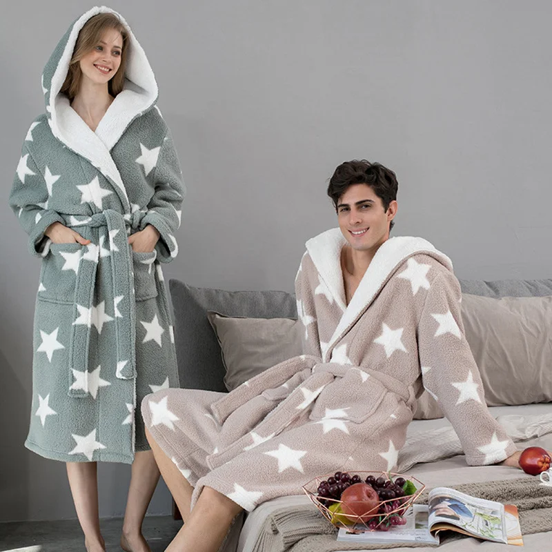 Плюшевый бархатный теплый халат для мужчин и женщин, Длинные пижамы, коралловый флис, длинный халат с капюшоном, зимний утепленный фланелев... от AliExpress RU&CIS NEW