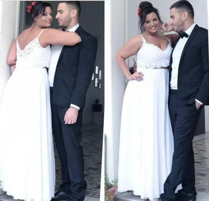 

Простые женские свадебные платья из двух частей, кружевной топ на бретельках, шифоновая юбка в пол, на молнии сзади, для свадьбы