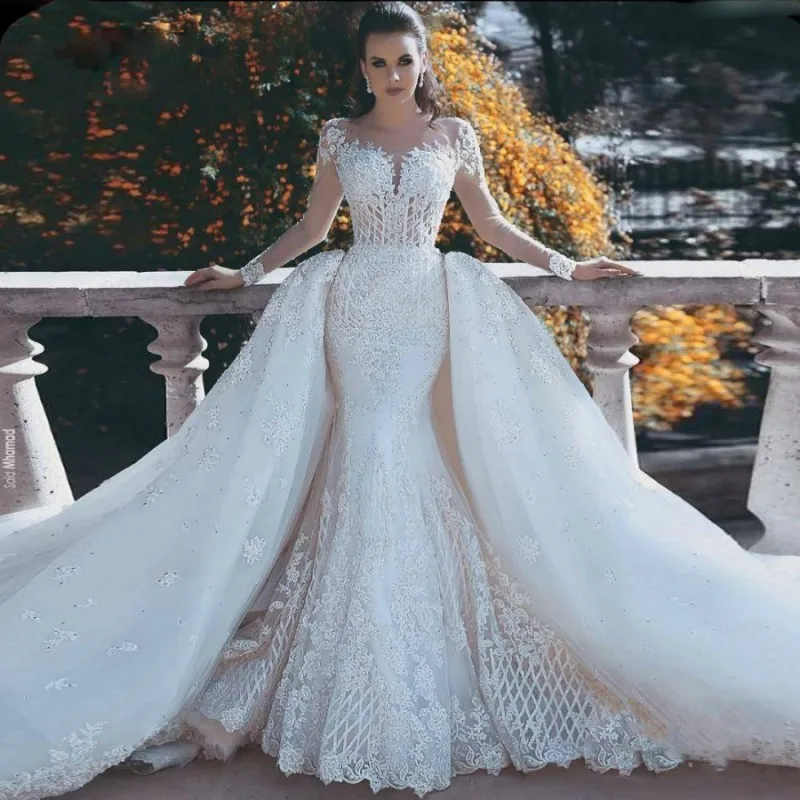 

Свадебные платья со съемным шлейфом из Саудовской Аравии, прозрачные кружевные свадебные платья с длинным рукавом и юбкой-годе, свадебные п...