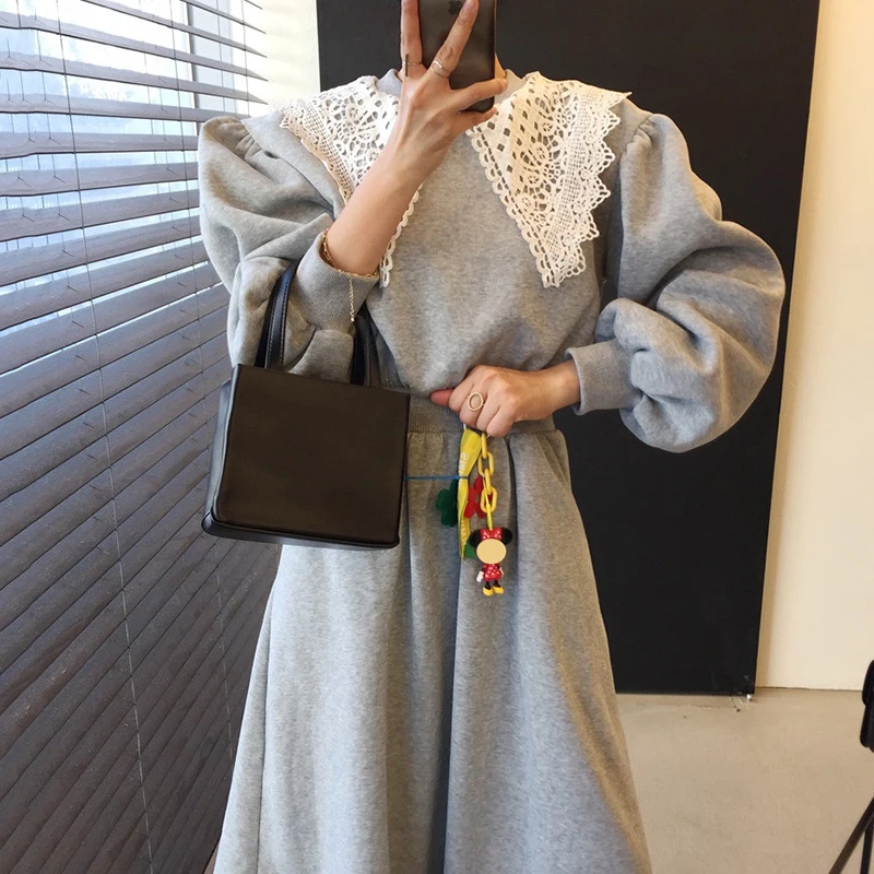 

Dresses Women 2021 New Korean Fashion Retro Lace Lapel Collar Contrast Waist Lantern Sleeves Plus Velvet Hoodie Dress Vestidos