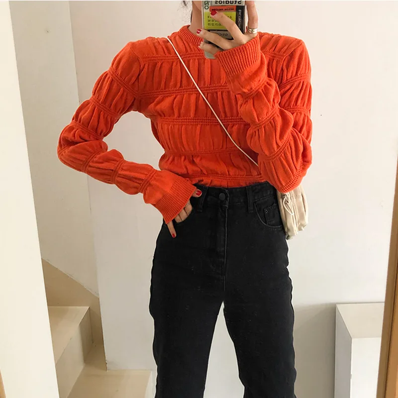 GALCAUR Vintage Ruched Knitted Sweater Female O Neck Long Sleeve Oversize Slim Pullover Womens Sweaters Clothes 2020 Fashion New | Женская