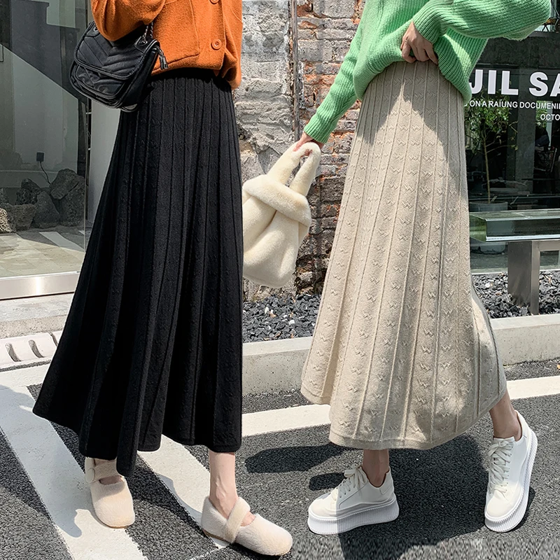 

Женская Длинная трикотажная юбка с цветочным вырезом, в Корейском стиле, винтажная повседневная юбка с высокой талией, осень 2021