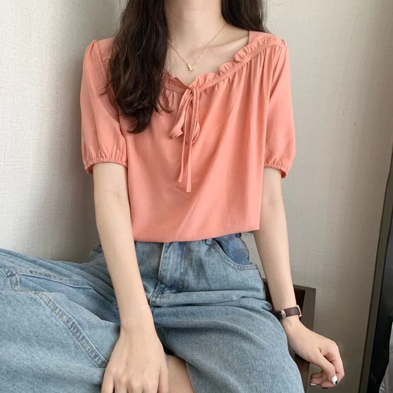 

COIGARSAM Short Sleeve blouse women New Summer Solid Chiffon Square Collar Belt blusas womens tops and blouses 5185