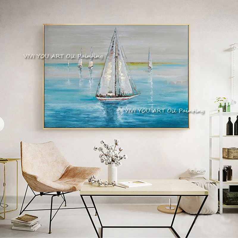 

The Handmade Blue Sea Ship View Original Abstract Modern Oil Painting On Canvas Handpainted Textured Wall Art for Livingroom