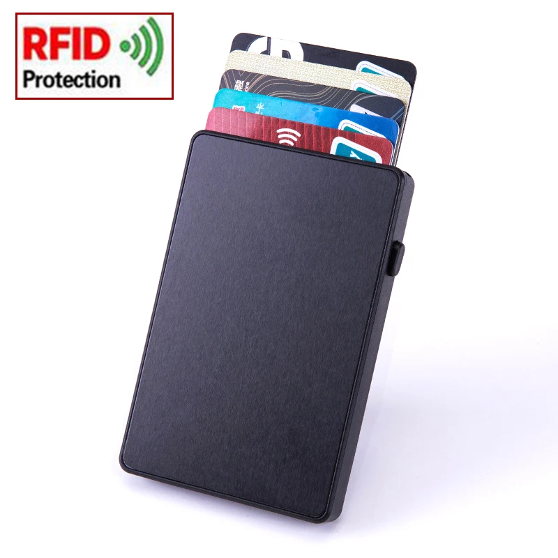 YUECIMIE тонкий алюминиевый кошелек для Карт RFID всплывающая Кнопка чехол для банковских карт тонкий умный металлический кошелек для мужчин и женщин - изображение